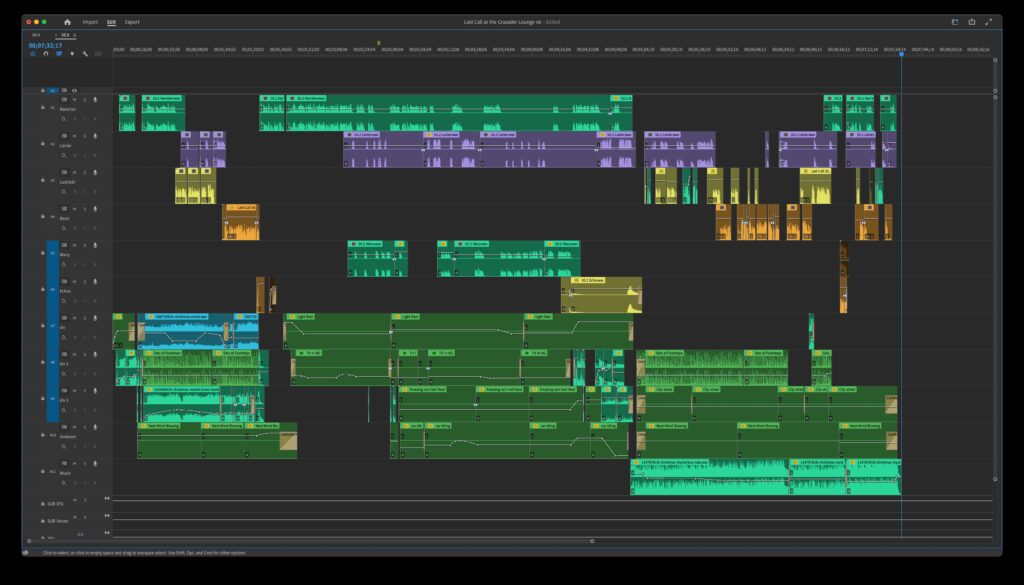Screenshot of the editing timeline of a scene from "Last Call at the Crusader Loung"
