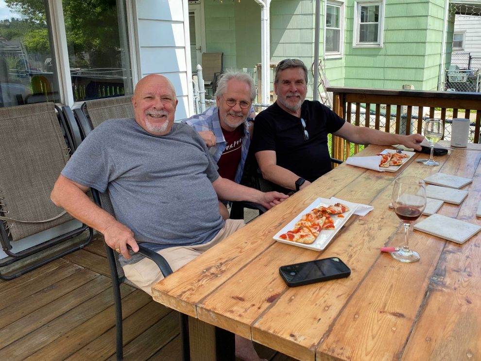 A picture of Wayne, David, and John on Wayne's deck -- about to enjoy the meal Wayne just cooked for us.